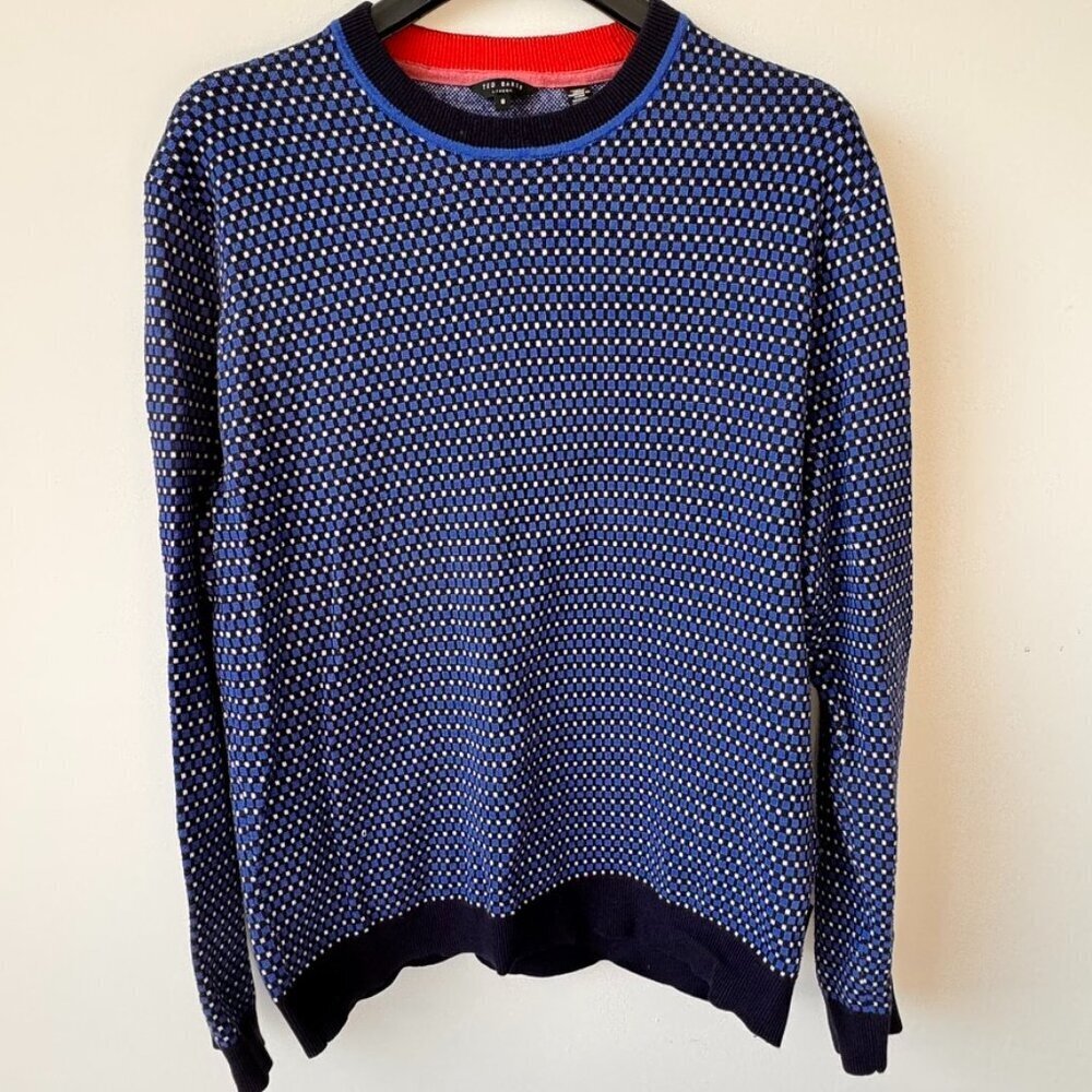 Ted Baker Blue Geometric Checks Wool Blend Crewneck Sweater
